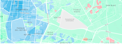 En gris, sección censal cerca de Ventas (Madrid) en la que aparece por error como ganador el partido Por Un Mundo Más Justo.