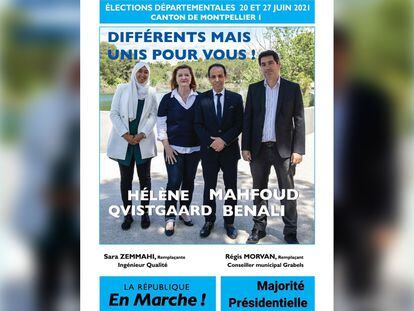 El cartel electoral en el que una aspirante del partido de Macron lleva el velo musulmán.