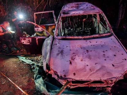 El coche en el que fue acribillada Karina García, candidata a la alcaldía de Suárez, en el Cauca, El asesinato ocurrió en 2019 y solo se salvó uno de sus escoltas.