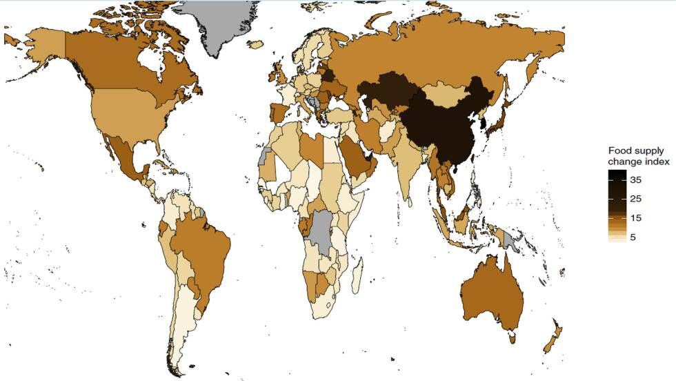 El mapa muestra los cambios en el índice de alimentos. Los países más oscuros, como China, son los que han sufrido mayores modificaciones en su dieta.