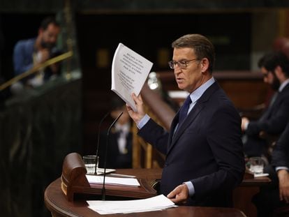 El presidente del PP, Alberto Núñez Feijóo, este miércoles en el Congreso, en el primer día del debate de investidura de Pedro Sánchez.