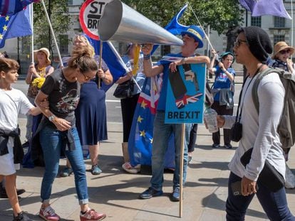 Participantes en una marcha contra el Brexit protestan ante las oficinas del Gobierno, el pasado día 8 en Londres.