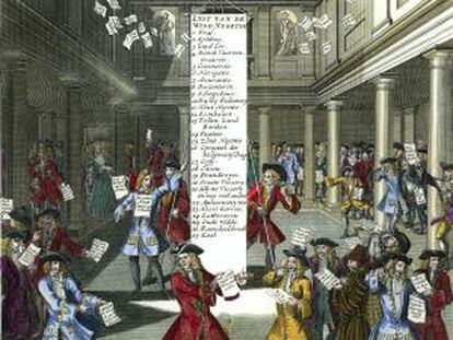 Antoine Hubolt representa el pánico en la Bolsa de Ámsterdam ante la crisis francesa de 1720.