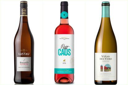 Algunos de los vinos seleccionados por Maria José Huertas: Manzanilla Papirusa, Petit Caus Rosat y Viñas del Vero.