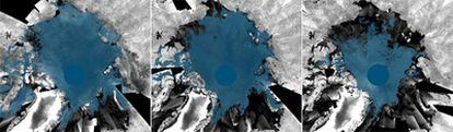 Imágenes que recrean el deshielo en el Oceáno Ártico a partir de datos tomados por el satélite Envisat. Las zonas en azul representan las zonas con hielo, en tres momentos, de izquierda a derecha: a principios de junio, principios de julio y mediados de agosto (ESA)