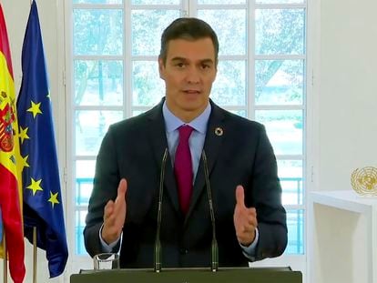 In this image made from UNTV video, Pedro Sánchez Pérez-Castejón, Prime Minister of Spain, speaks in a pre-recorded message which was played during the 75th session of the United Nations General Assembly, Friday, Sept. 25, 2020, at UN headquarters.  (UNTV via AP)