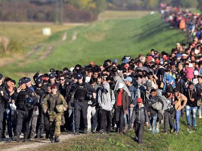 Cientos de emigrantes caminan hacia la frontera croata en Rigonce (Eslovenia).