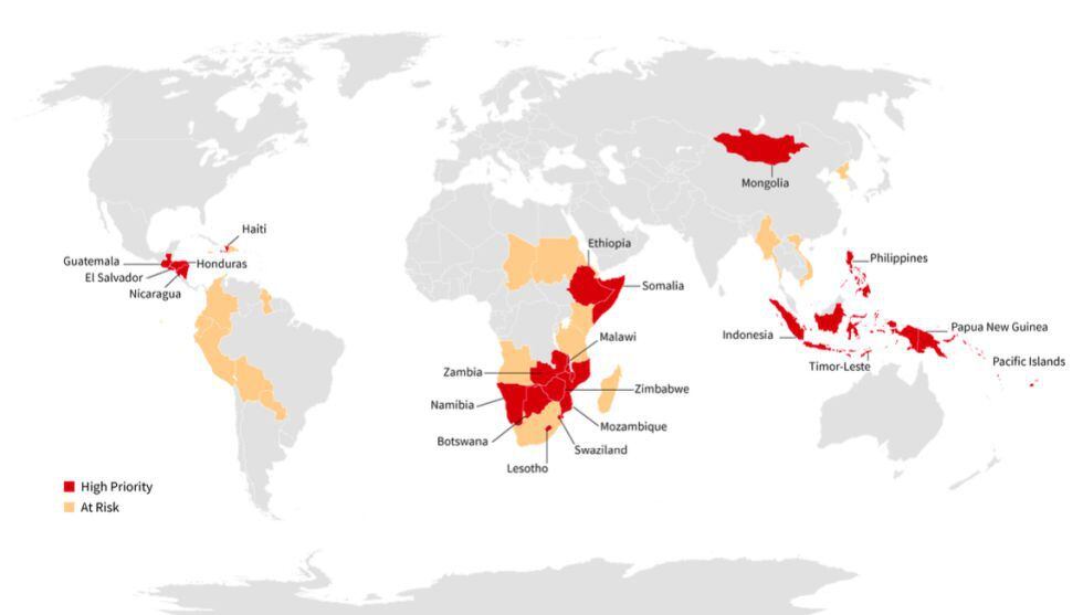 Mapa del mundo con los países afectados por el fenómeno de 'El Niño'.