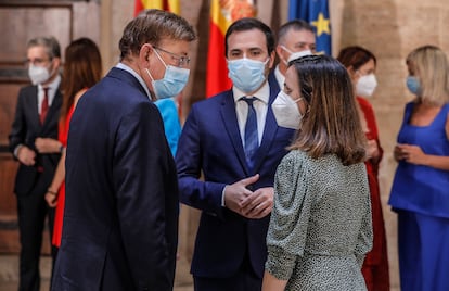 Belarra, junto al presidente de la Generalitat valenciana, Ximo Puig y el ministro de Consumo, Alberto Garzón, este viernes en Valencia.