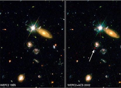 La supernova SN2002dd es una de las más lejanas descubiertas y nos muestra una época del pasado en la que aún dominaban los efectos gravitatorios (atracción) sobre los de la energía oscura (repulsión). A la izqda. se muestra una imagen de la misma región del cielo tomada en 1995, siete años antes de la explosión de la supernova.