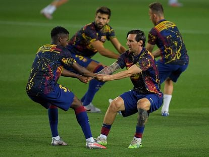 Messi trabaja con Ansu Fati antes del partido del Barcelona ante el Leganés.