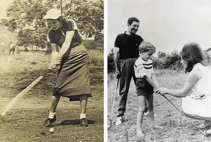 A la izquierda, Elvira Larrazabal dando un golpe. A la derecha, con su marido, el árbitro José María Ortiz de Mendibil, y su hijo Iñigo.