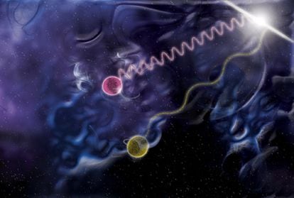 Ilustración de un fotón de alta energía (en rojo) y uno mil veces menos energético (amarillo), emitidos por un destello de rayos gamma, que viajan a la misma velocidad y confirman la relatividad de Einstein
