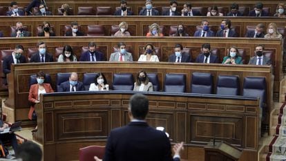 El presidente del Gobierno, Pedro Sánchez, interviene en la sesión de control al Gobierno en el Congreso de los Diputados, el 15 de septiembre de 2021.