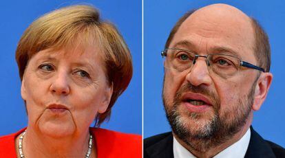 La canciller Angela Merkel y el l&iacute;der del SPD Martin Schulz.