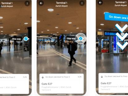 Google Maps se apoyará en la realidad aumentada para guiarnos por dentro de los edificios. En la imagen, secuencia de indicaciones en el Aeropuerto Internacional de Zúrich.
