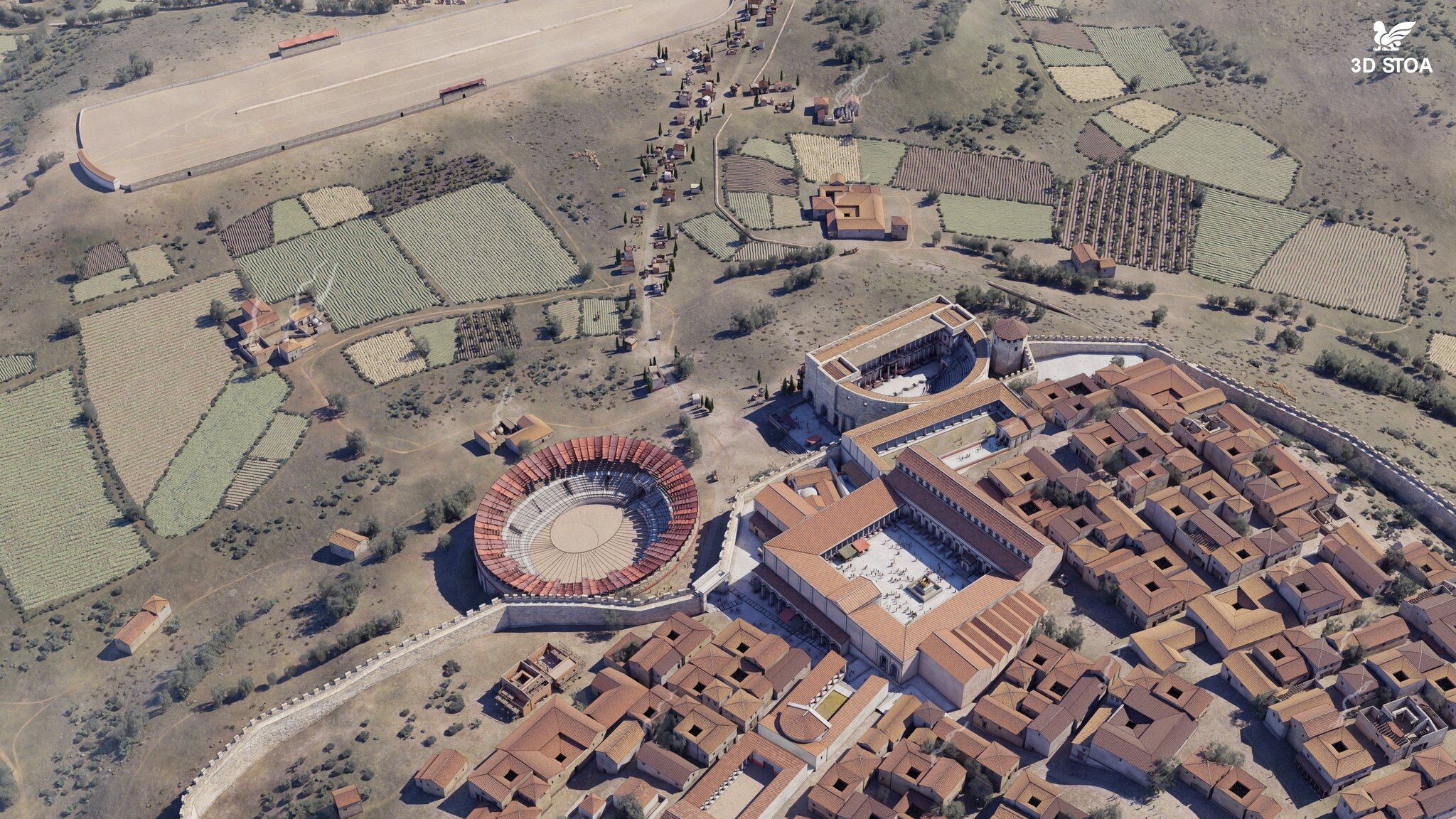 Vista desde el sur de la recreación de la ciudad romana de Segóbriga.