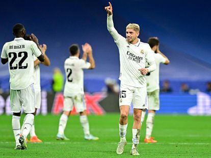 Federico Valverde celebra su gol ante el Leipzig este miércoles.