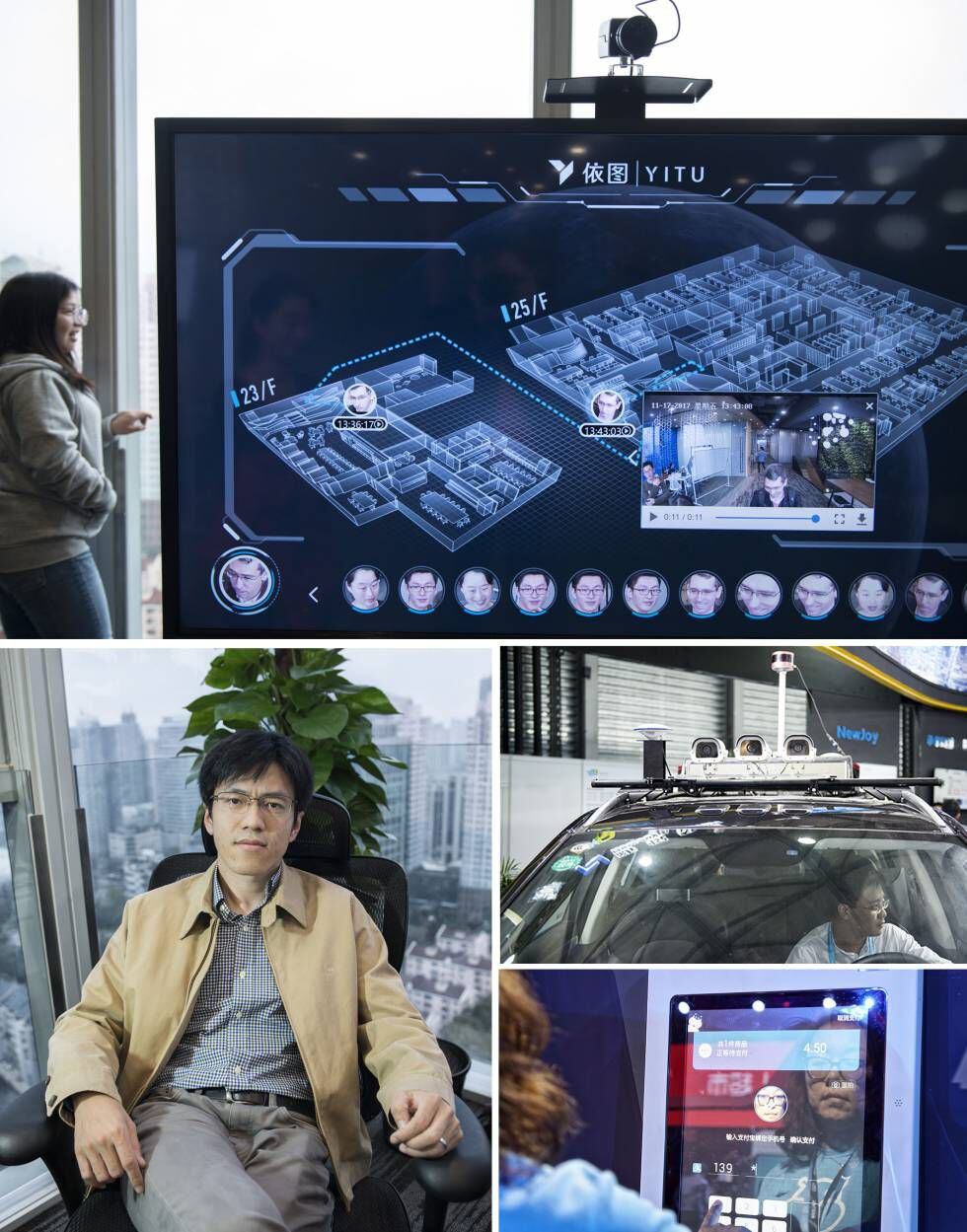 Desde arriba, pantalla en la sede de Yitu que muestra el recorrido en tiempo real de las personas que han pasado su control de entrada; una empleada ante el sistema de reconocimiento facial y Zhu Long, cofundador de Yitu.
