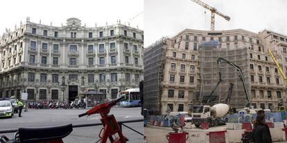 A la izquierda, el edificio de la plaza de Canalejas, hace unos años; a la derecha, aspecto actual del inmueble.