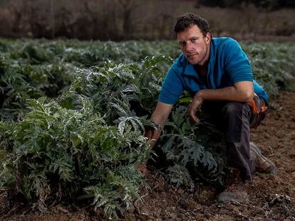 Javier de Miguel el pasado 2 de marzo en una de sus parcelas de la vega de Perales de Tajuña, donde produce alimentos que vende directamente a los consumidores