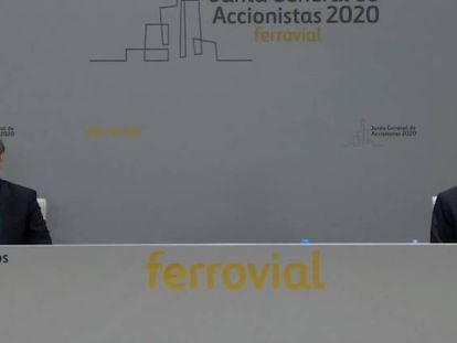 El consejero delegado de Ferrovial, Ignacio Madridejos, y el presidente del grupo, Rafael del Pino, esta mañana en la junta de accionistas telemática celebrada por el grupo de infraestructuras.