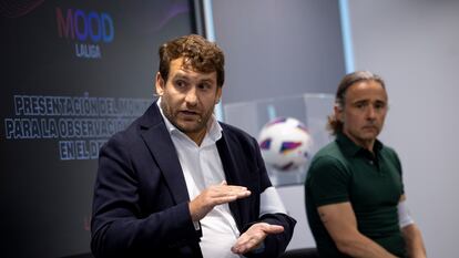 Borja González de Mendoza, CEO de Séntisis, e Ícaro Moyano, director de Estrategia de GrupoM, este martes, en la presentación del Monitor para la Observación del Odio en el Deporte (MOOD).