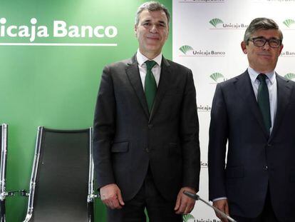 Pablo González Marín, Director Financiero y Ángel Rodriguez CEO de Unicaja durante la presentación de resultados del grupo.