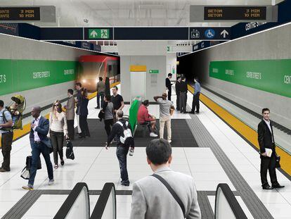 Recreación de una de las estaciones de la futura Línea Verde del tren ligero de Calgary (Canadá).