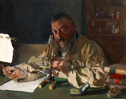 El neurólogo Luis Simarro, retratado en su laboratorio por Joaquín Sorolla en 1897. Este cuadro está en el despacho del rector de la Complutense.