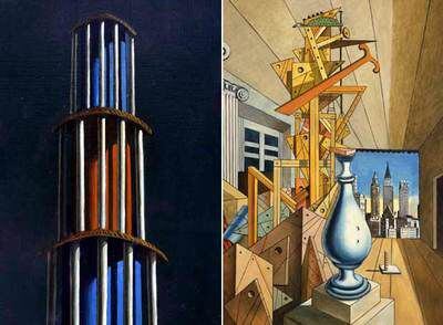 A la izquierda, <i>La torre,</i> de 1974. A la derecha, el cuadro <i>Visión metafísica de Nueva York,</i> 1975, de Giorgio de Chirico.