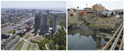Vista aérea del lujoso barrio de Puerto Madero // Villa 21-24 de Barracas. Archivo.