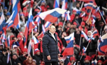 Vladímir Putin, el viernes en el acto en Moscú para celebrar el octavo aniversario de la anexión rusa de Crimea.