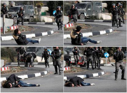 Combinación de cuatro imágenes que muestra a un hombre palestino cayendo después de recibir disparos de policías fronterizos israelíes cerca del asentamiento judío de Beit El, cerca de la ciudad cisjordana de Ramala.