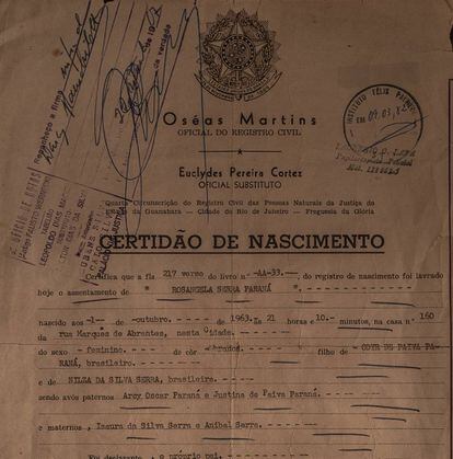 La partida de nacimiento falsa de Rosángela Serra Paraná.