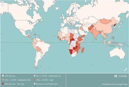 Pinche en el mapa para consultar el estado del hambre en el mundo, por países y años.