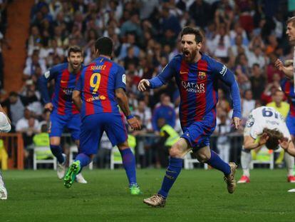 Messi celebra el tercer gol del Barça.
