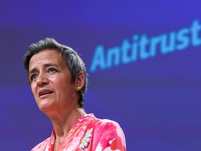 La vicepresidenta ejecutiva de la Comisión Europea, Margrethe Vestager, en una rueda de prensa en Bruselas.