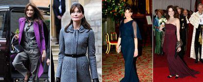 De izquierda a derecha, la ex modelo llegando a la residencia del primer ministro británico, entrando en el castillo de Windsor, y en las dos cenas de gala.