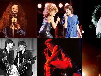 Desde arriba y de izquierda a derecha, Janis Joplin, Mick Jagger y Tina Turner, Pauline Black (The Selecter), McCartney y Harrison (The Beatles), David Bowie y El Drogas.
