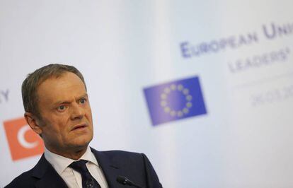 El presidente del Consejo Europeo, Donald Tusk, antes de una conferencia de prensa en la residencia Euxinograd cerca de Varna (Bulgaria) este 26 de marzo.