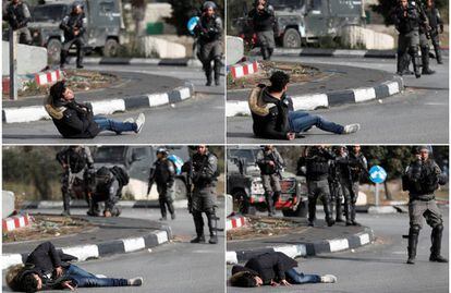 Sucesión de imágenes que muestran cómo cae al suelo, por disparos de la policía israelí, un palestino que llevaba un supuesto chaleco bomba.
