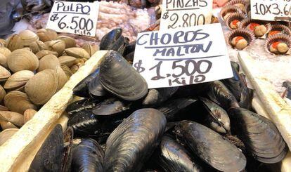 Los mejillones en el mercado central de Santiago de Chile.