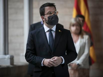 El vicepresidente de la Generalitat, Pere Aragonès, durante la declaración institucional de Quim Torra en el día de su inhabilitación.