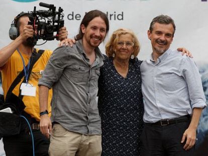 Pablo Iglesias, Manuela Carmena y Jos&eacute; Manuel L&oacute;pez, hoy en Madrid. 