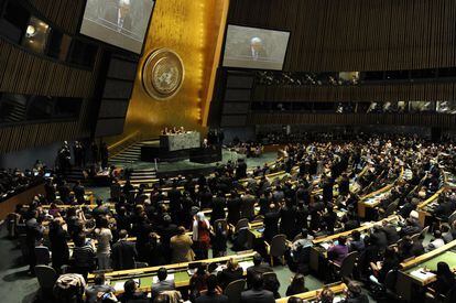 El presidente de la Autoridad Nacional Palestina, Mahmud Abás, interviene ante la Asamblea General de la ONU, en Nueva York (EEUU).
