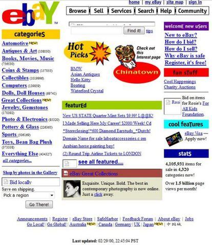 La página de subastas eBay se fundó en 1995, pero la primera captura de pantalla registrada en Way Back Machine se remonta solo al 29 de febrero del año 2000. A pesar de su juventud, en ese momento ya contaba con millones de productos sacados a subasta clasificados en miles de categorías. La página era básicamente un buscador y un listado de enlaces. 15 años después, las fotos se han adueñado de la portada de eBay y la navegación se ha vuelto mucho más intuitiva.