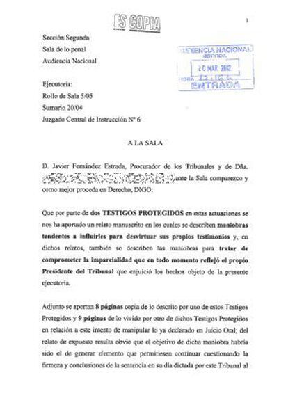 Primera página de la denuncia, con el sello de entrada en la Audiencia Nacional.