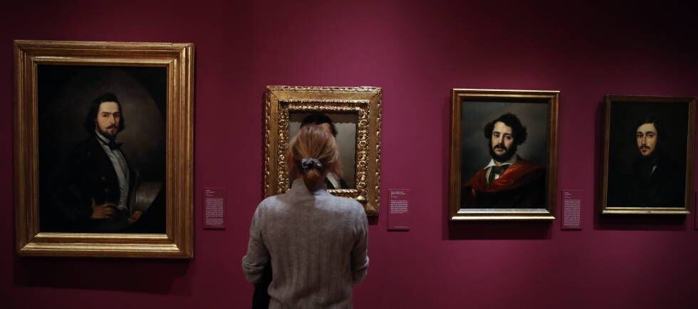 Galería de retratos de hombres del Romanticismo con sus melenas y barbas típicas.
