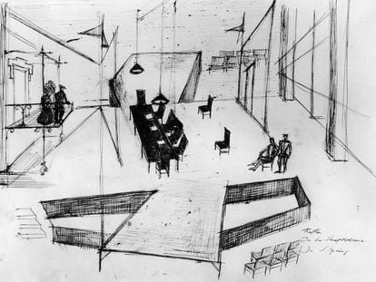 Dibujo para una escena de la obra teatral 'En la colonia penitenciaria', basada en un cuento homónimo de Franz Kafka.